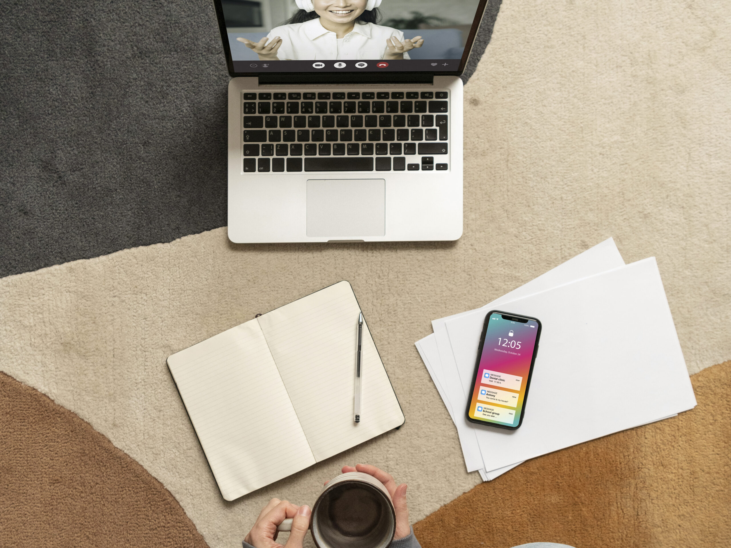 woman-working-floor-from-home-with-device
